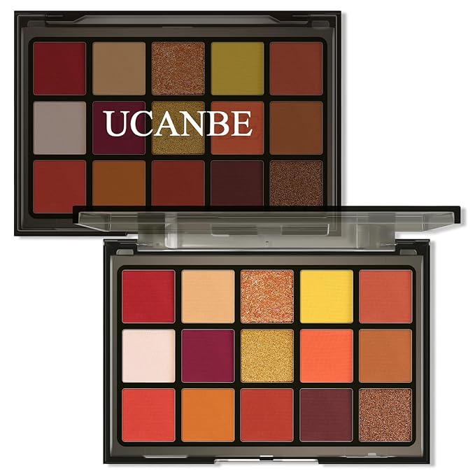 UCANBE Orange Eyeshadow Makeup Palette, 15 Colors Vibrant Shimmer Matte Glitter Eye Shadow Pallet, High Pigmented Warm Yellow Sunset Red Coral for Fall Cosplay Halloween Costume Parties Pumpkin Makeup-Velvo Beauty