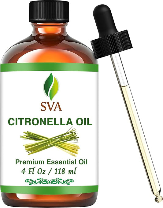 SVA Citronella Essential Oil – 4 Fl Oz – 100% Natural Citronella Oil - for Diffuser, Hair Care, Face, Skin Care, Aromatherapy, Scalp and Body Massage, Soap and Candle Making - with Dropper-Velvo Beauty
