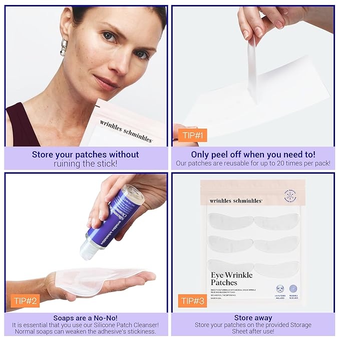 Wrinkles Schminkles Under Eye Wrinkle Starter Pack - Set of Reusable Under Eye Wrinkle Patches (3 pairs) + Silicone Patch Cleanser (2 oz) for Smoother Under Eyes & Fresh Look-Velvo Beauty