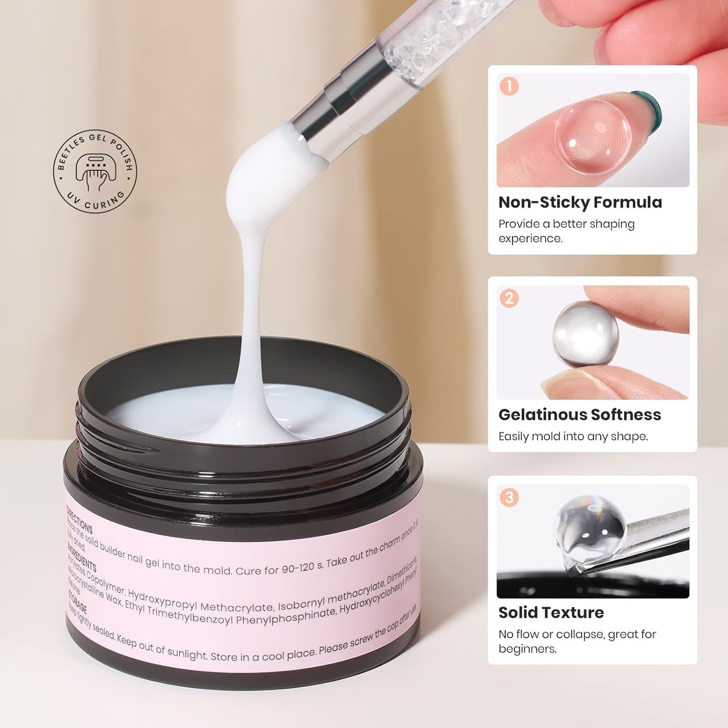 Beetles Solid Builder Nail Gel 1 oz White 3D Sculpting Gel for Nail Art Non-Sticky Extension with Rhinestones & Pearls and Rhinestones Glue Double-Head Pen DIY Salon Home for Women-Velvo Beauty