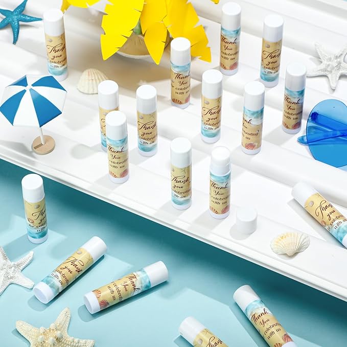 Dunzy 50 Pcs Thank You Gift Lip Balm Bulk Baby Shower Party Favors Bridal Shower Favor Lip Care with Assorted Fruit Flavors Thank You Lipstick for Guest Basket Gift Stuffer (Summer Beach)-Velvo Beauty