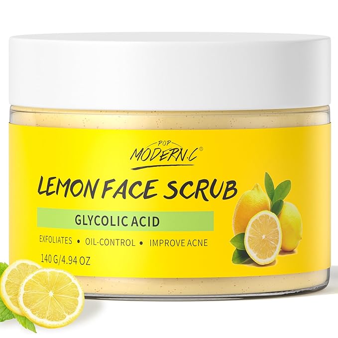 Lemon Face Scrub with Glycolic Acid Microdermabrasion Facial Scrub AHA Exfoliating for Women Men Safe Vegan Improves Acne Blackheads Soft Soothing without Irritation-Velvo Beauty