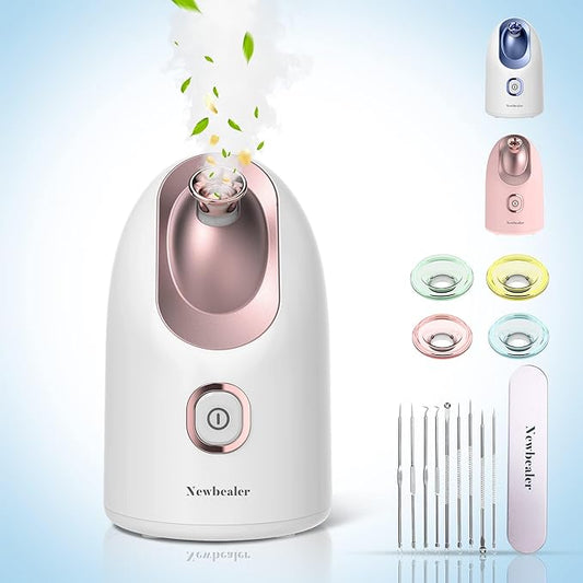 Newbealer Facial Steamer, Mini Aroma Face Steamer, Nano Ionic Hot Mist Face Humidifier for Facial Deep Cleaning, Home Sauna Spa Sprayer with 9 Pieces Acne Remover Kit (White-Gold, 160 ML)-Velvo Beauty