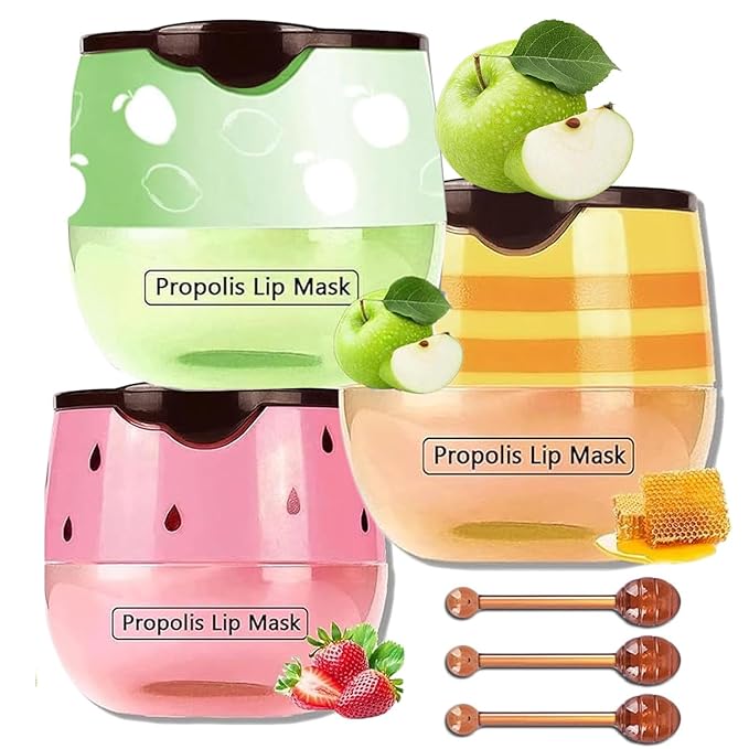 3 PCS Bee Lip Mask Lip Balm Honey Pot, Strawberry & Honey Lip Sleeping Mask Hydrating Prevention Dry and Cracked Lip Scrubs Exfoliator,Lip Mask Overnight Reduces Lip Lines-Velvo Beauty