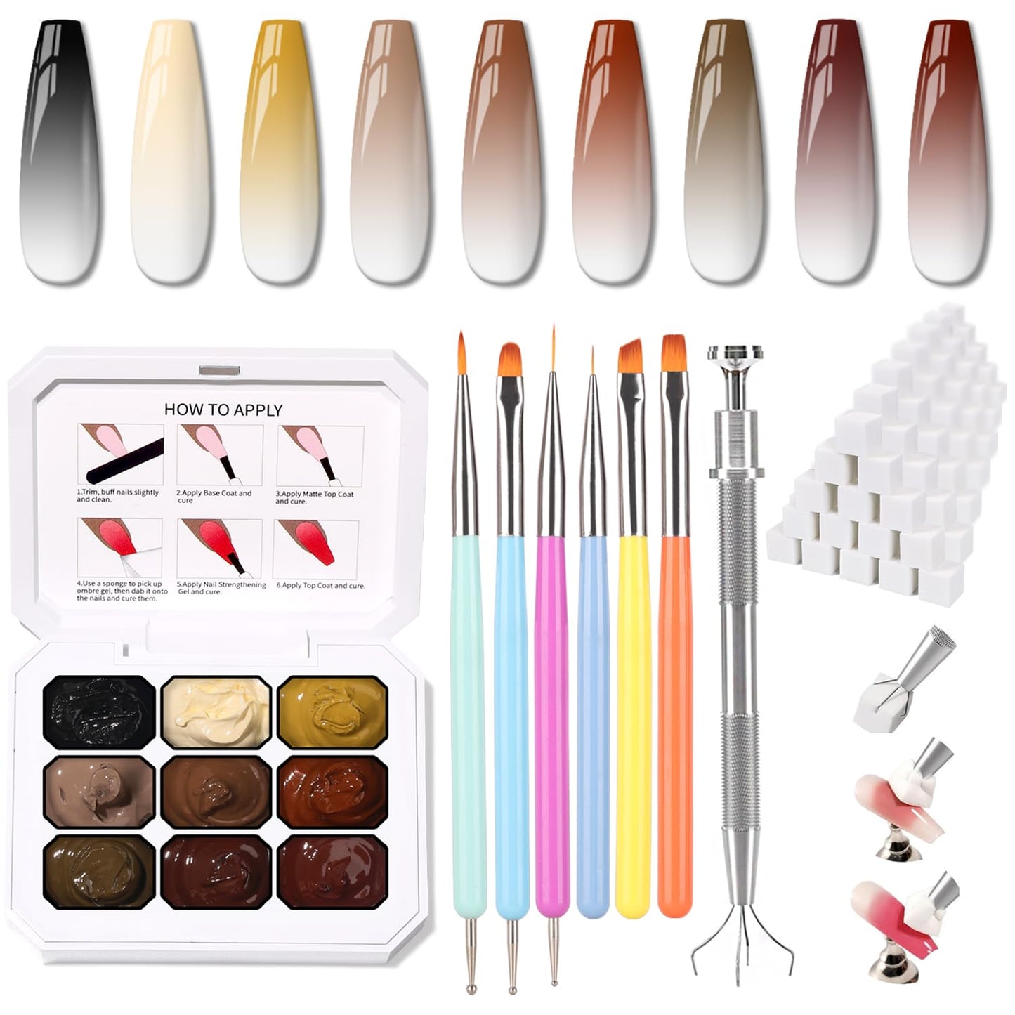 Sponge Pat Paint Nail Gel & Tools Kit, 9 Colors Ombre Nails Gradient Gel Nail Blush Blooming Aura Nails Drawing Stripper Floral Painting Nail Art, No Wipe, UV/LED Curing (9 Colors Set B)-Velvo Beauty