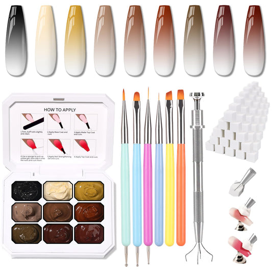 Sponge Pat Paint Nail Gel & Tools Kit, 9 Colors Ombre Nails Gradient Gel Nail Blush Blooming Aura Nails Drawing Stripper Floral Painting Nail Art, No Wipe, UV/LED Curing (9 Colors Set B)-Velvo Beauty