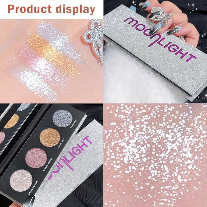 4 Colors Highlight Silver Gold Eyeshadow Palette, SHANY Cosmetics Shimmer Eyeshadow Palette, Cruelty-Free and Vegan Formula, Glitter Shimmer Eyeshadow for Professional Makeup-Velvo Beauty