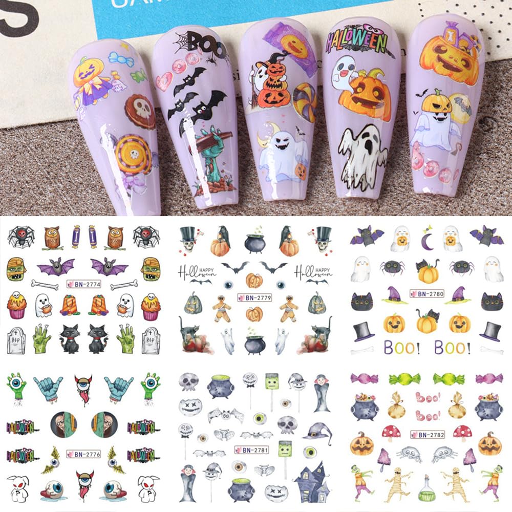 Halloween Nail Stickers 12 Sheets Pumpkin Halloween Nail Art Supplies Decorations Water Transfer Nail Decals Cute Ghost Witch Bat Skeleton Spider Design Watermark Slider Nail Foils for Women DIY-Velvo Beauty