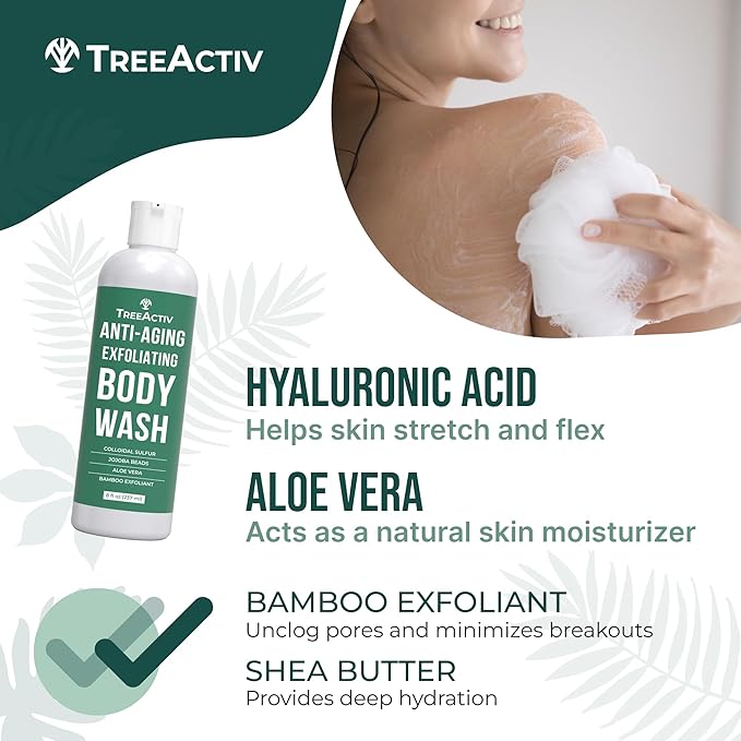 TreeActiv Crepey Skin Repair Kit, Includes Anti-Aging Exfoliating Body Wash, 8oz, Crepe Skin Cream, 8oz, Skin Tightening Cream for Body and Face. Hydrates and Tighten Dry Crepe Skin, Crepe Skin Cream-Velvo Beauty