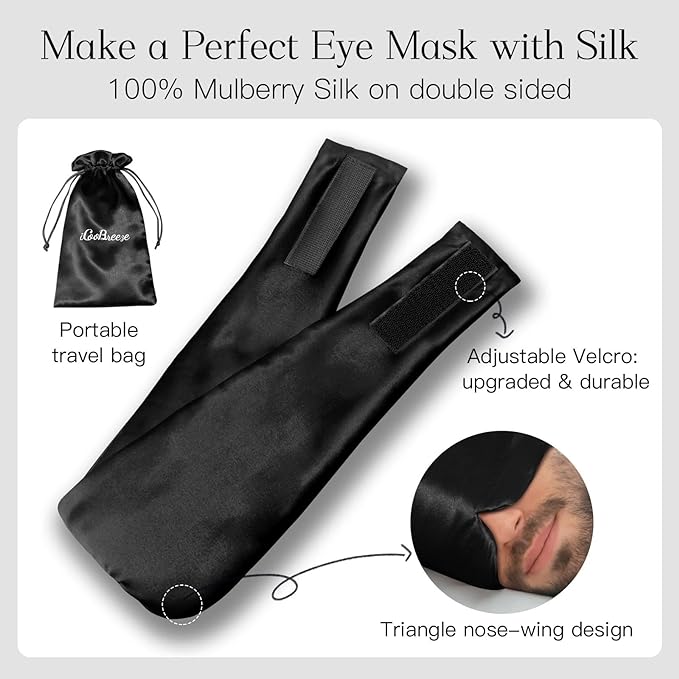 100% Natural Silk Eye Mask for Women Men, Soft Pressureless Cooling Blackout Eye Covers for Sleeping, Large Size Sleep Mask fits All Heads Adjustable, 1PC, Black-Velvo Beauty