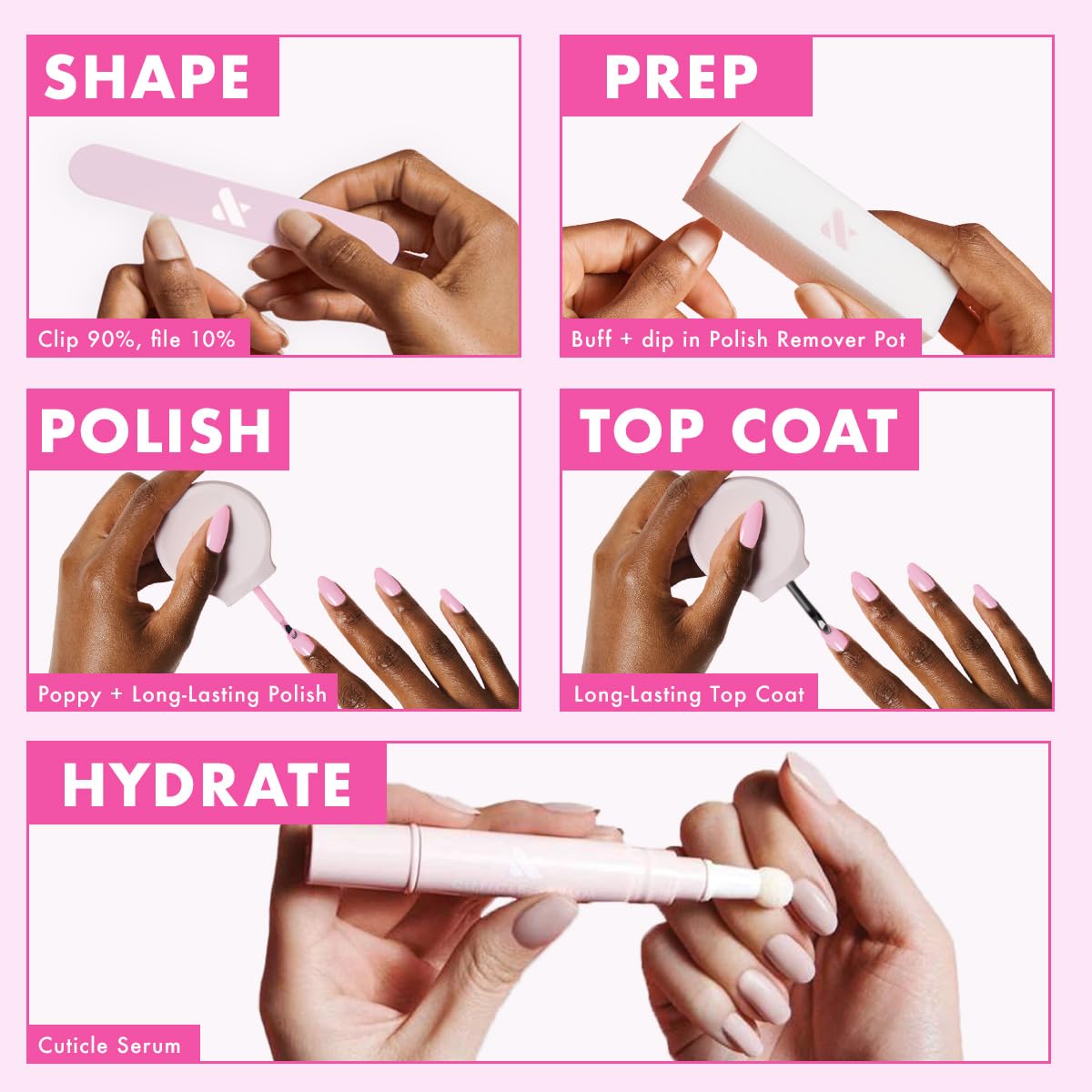 Olive & June Bolds Long Lasting Nail Polish Set | Includes 6 Shades (Bold & Unshaken, Art Class, Because I'm Green, Lily Blooms, CV, Hot Strawberry) + Top Coat | Vegan, Cruelty-Free | Salon-Quality-Velvo Beauty