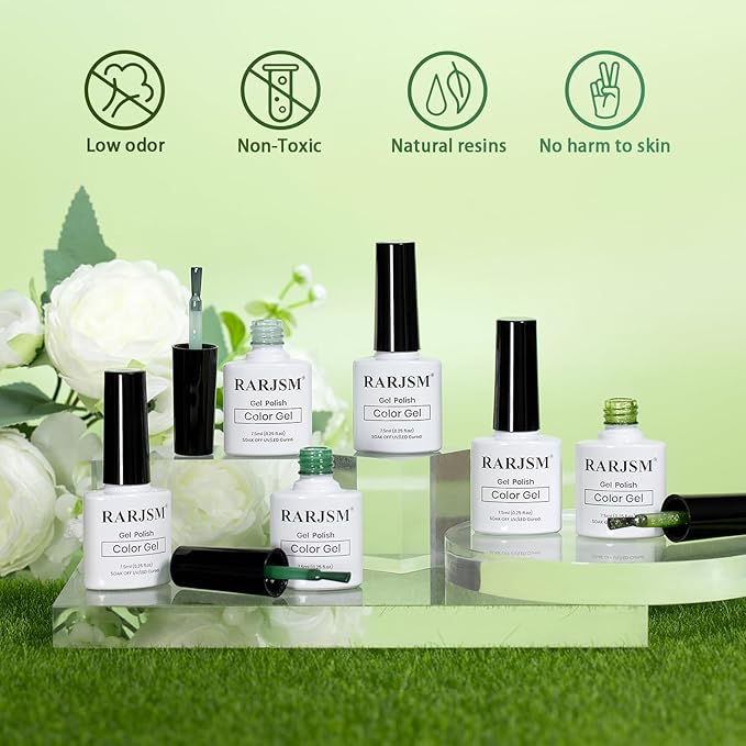 RARJSM Green Jelly Glass Gel Nail Polish Set 6pcs Clear Crytal Army Dark Jade Sage Green Transparent Sheer Amber Series Milky Diamond Cat Eye Gel Varnish LED UV Curing Requires-Velvo Beauty