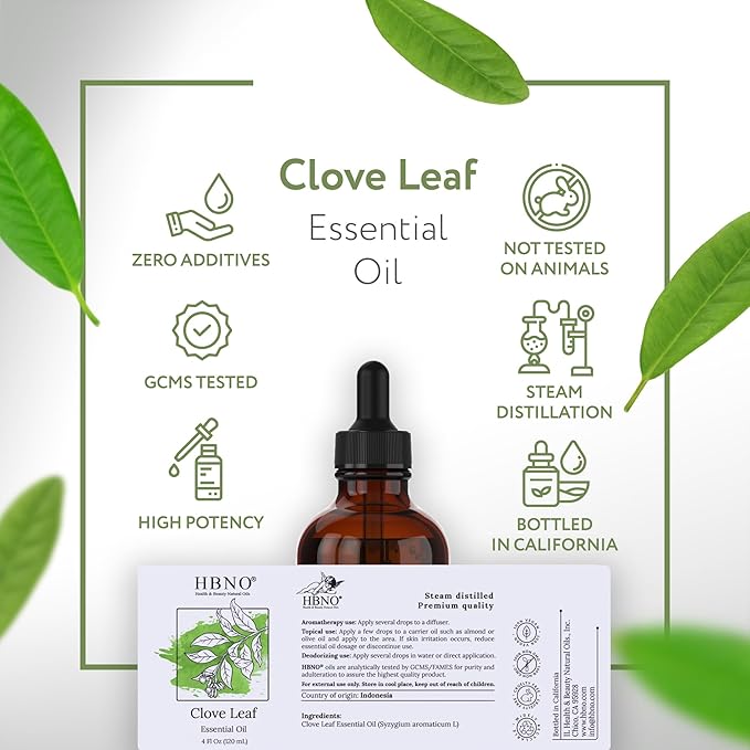 HBNO California Bottled Clove Leaf Essential Oil 4 fl oz (120ml) Value Size - Natural Clove Leaf Oil - Perfect for Cleaning, Aromatherapy, DIY, Soap & Diffuser-Velvo Beauty