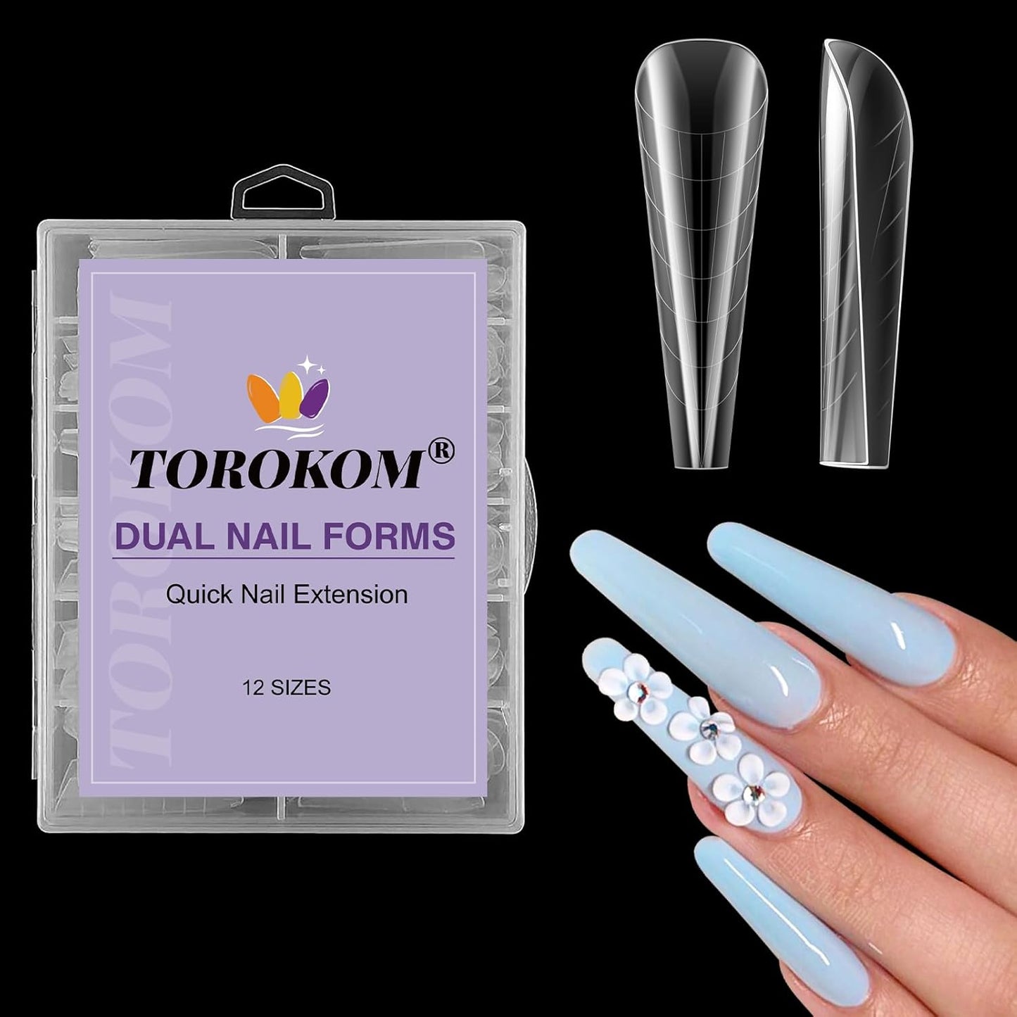 TOROKOM 120Pcs Poly Extension Gel Dual Forms Clear Tips Set - Acrylic False Nails With 12 Sizes Square Stiletto Gel Forms Full Cover Reusable Molds-Velvo Beauty
