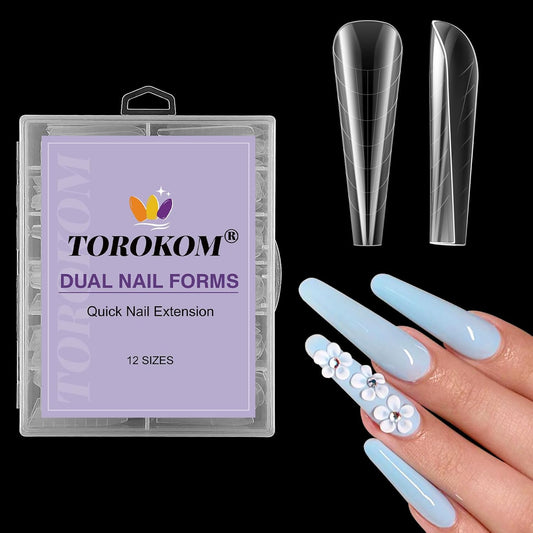 TOROKOM 120Pcs Poly Extension Gel Dual Forms Clear Tips Set - Acrylic False Nails With 12 Sizes Square Stiletto Gel Forms Full Cover Reusable Molds-Velvo Beauty