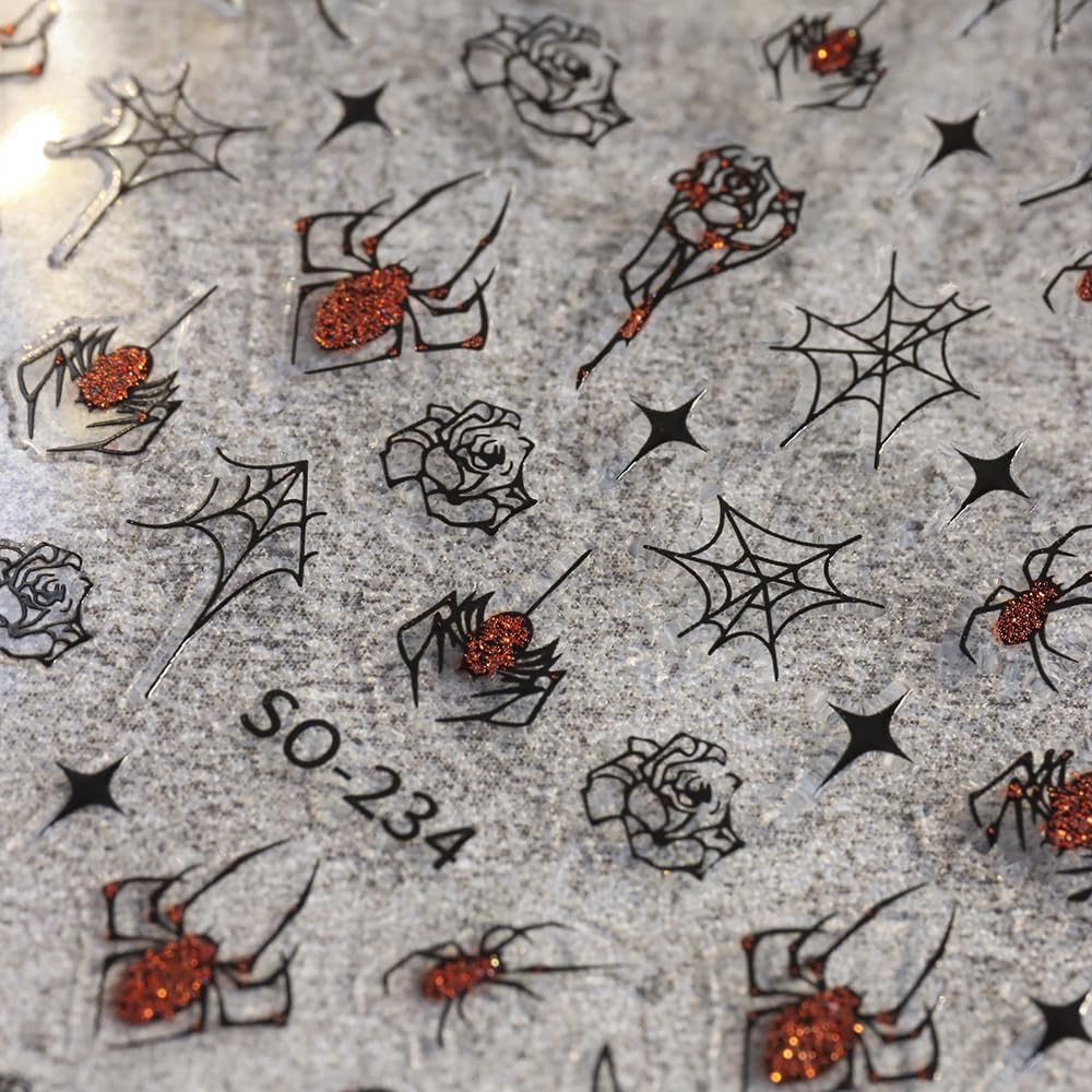 6Sheets Halloween Nail Art Stickers Decals, 3D Spider Nail Sticker Halloween Nail Decoration Self-Adhesive Black Red Silver Glitter Star Spider Web for Nails Stickers DIY Manicure Art Decoration-Velvo Beauty