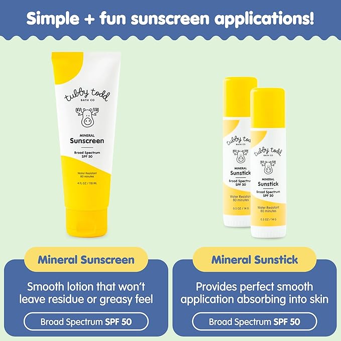 Tubby Todd Face and Body Mineral Sunscreen Kit for Baby, Toddler and Kids - Sunscreen 4 Fl Oz and Sunstick 0.5 Oz Duo Bundle - Fragrance-Free-Velvo Beauty