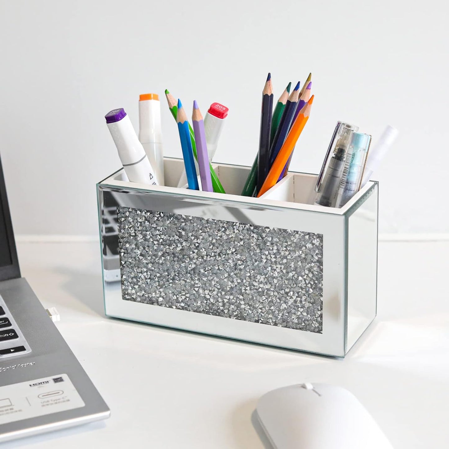 SWTHONY Silver Makeup Brush Holder Organizer, Bling 3 Slot Crushed Diamond Crystal Mirrored Cosmetic Brushes Storage, Eyeliners Eyebrow Pencil Display Case-Velvo Beauty