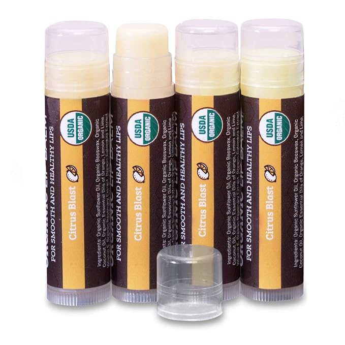USDA Organic Lip Balm 4-Pack by Earth's Daughter - Citrus Flavor, Beeswax, Coconut Oil, Vitamin E - Best Lip Repair Chapstick for Dry Cracked Lips.-Velvo Beauty