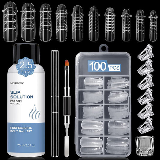 Morovan Nail Slip Solution Kit: 2.5 OZ Anti‑Stick Gel Liquid for PolyGel Nails with Dual‑Ended Brush & Nail Forms Ideal Easy Spread for Beginners-Velvo Beauty