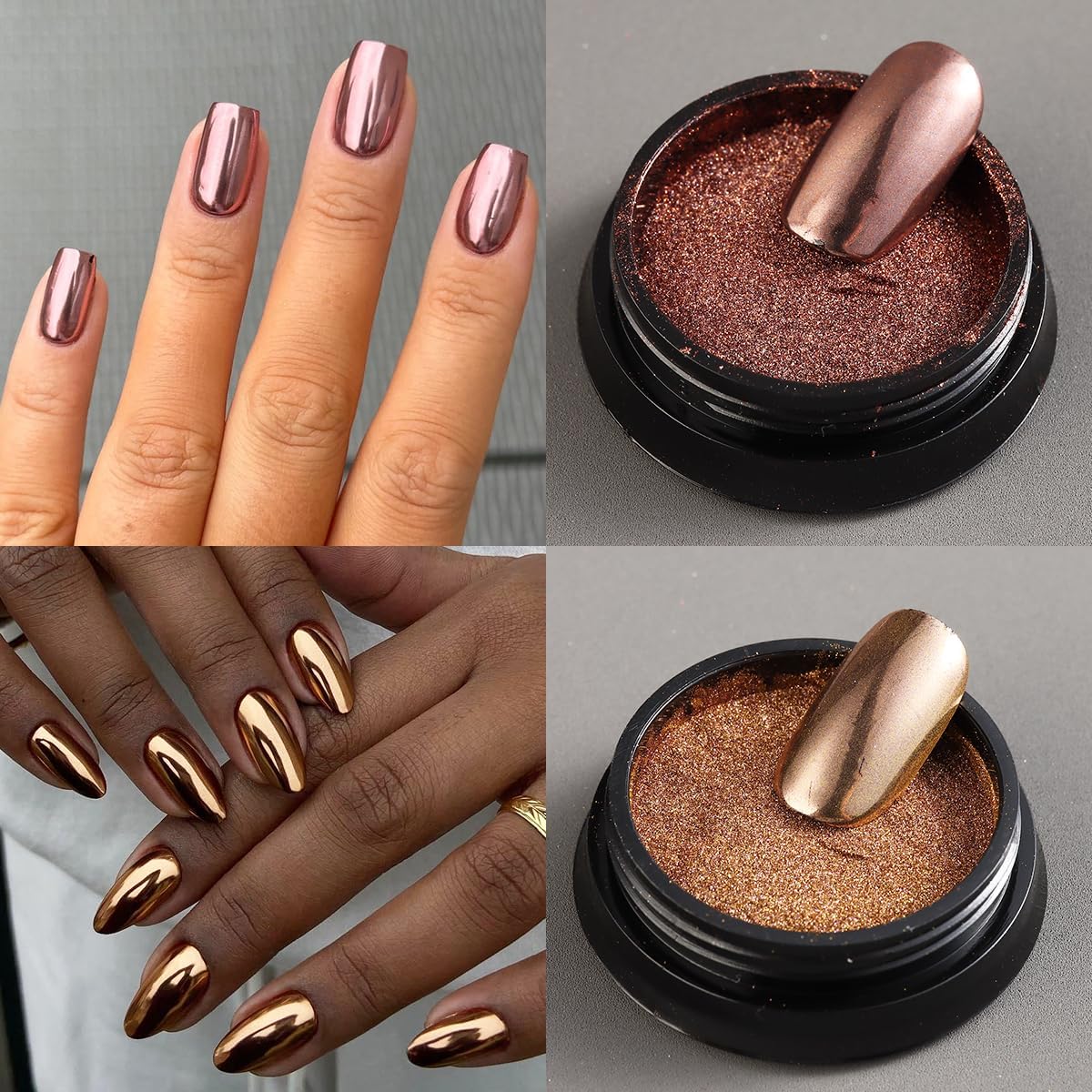 Chrome Nail Powder Set - 6 Colors Rose Gold Bronze Black Chrome Nail Powder, Mirror Effect for Nails, Metallic Rubbing Dust Chameleon Glitter Pigment Flakes, Manicure Salon Supplies-Velvo Beauty