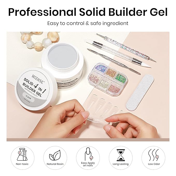 MIZHSE 100g Solid Builder Gel for Nails, Large Capacity Clear Hard Gel 3D Sculpting for Nail Art U V LED Builder Kit with 3D Silicone Pen, for Salon Home DIY-Velvo Beauty