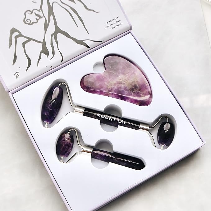 Mount Lai Amethyst Trio Calming Facial Set, Facial Roller and Amethyst Gua Sha Facial Tools Set, Guasha Tool for Face to Relieve Muscle Tension and Reduce Puffiness, Anti Aging Skin Care Sets-Velvo Beauty