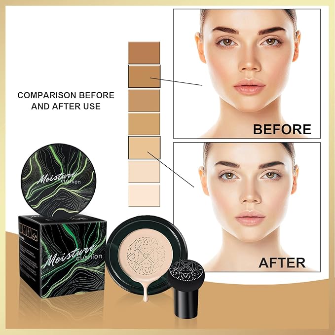Mushroom Head Air Cushion CC Cream, Long-Lasting Brightening BB Cream Foundation With Powder Puff for Face Makeup and Mature Skin, Moisturizing Full Coverage Self Adjusting Concealer (Natural)-Velvo Beauty