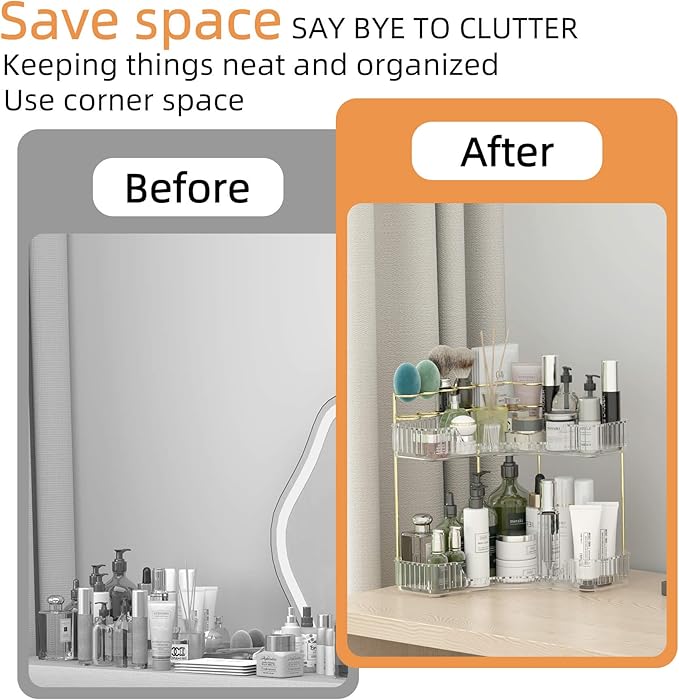 Makeup Organizer Countertop 2 Tier, Corner Bathroom Countertop Organizer with Toothbrush and Makeup Brush Holder, Corner Vanity Tray for Skincare Organization-Velvo Beauty