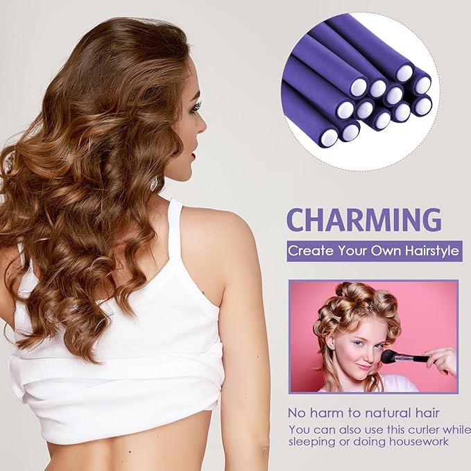 Syhood 30 Pieces Flexible Curling Rods Twist Hair Rollers Soft Foam Rods No Heat and 1 Pcs Steel Rat Tail Comb for Women Long and Short Hair(7 x 0.8 Inch,Purple)-Velvo Beauty