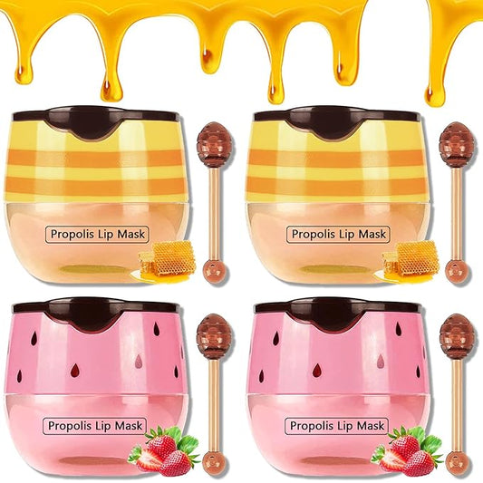 4 PCS Bee Lip Mask Balm Honey Pot, Strawberry & Honey Lip Masks Hydrating Prevention Dry and Cracked Lip Scrubs Exfoliator, Lip Exfoliating Sleeping Lip Mask, Moisturizing Lip Reduces Lip Lines-Velvo Beauty