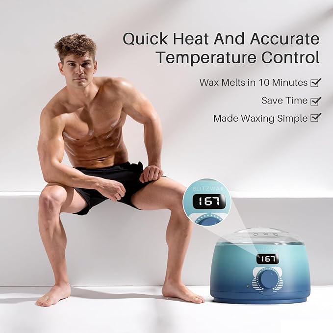 BLITZWAX Back and Nose Waxing Kit for Men, Hard Wax Warmer for Brazilian, Body and Face, At Home Hair Removal Kit, Beginner Friendly, Quick Heating, 93 Accessories, Blue Waves-Velvo Beauty