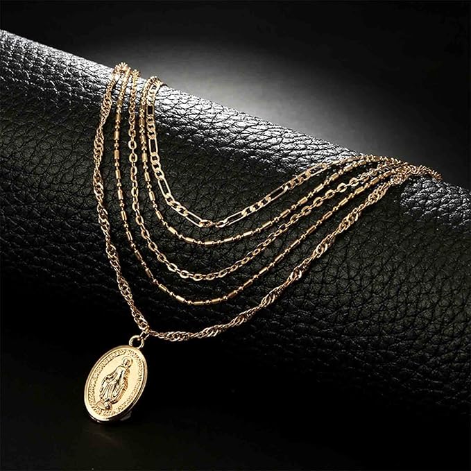 Boho Layered Oval Coin Necklace Choker Gold Virgin Mary Necklace Figaro Chain Necklace Vintage Multilayer Necklace Chain Jewelry for Women and Girls-Velvo Beauty