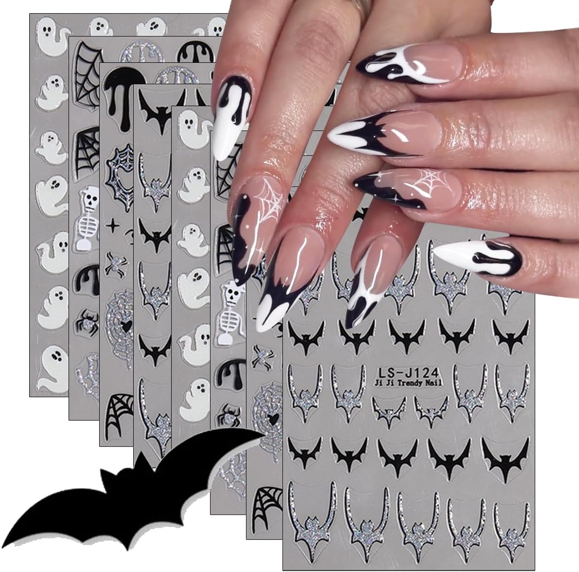 8 Sheets Horror Goth Nail Art Stickers Halloween Nail Stickers for Nail Art Glitter Bat Spider Web Pumpkin Design Luminous Ghost Nail Decals Self-Adhesive Nail Supplies for Women Manicure Decor-Velvo Beauty