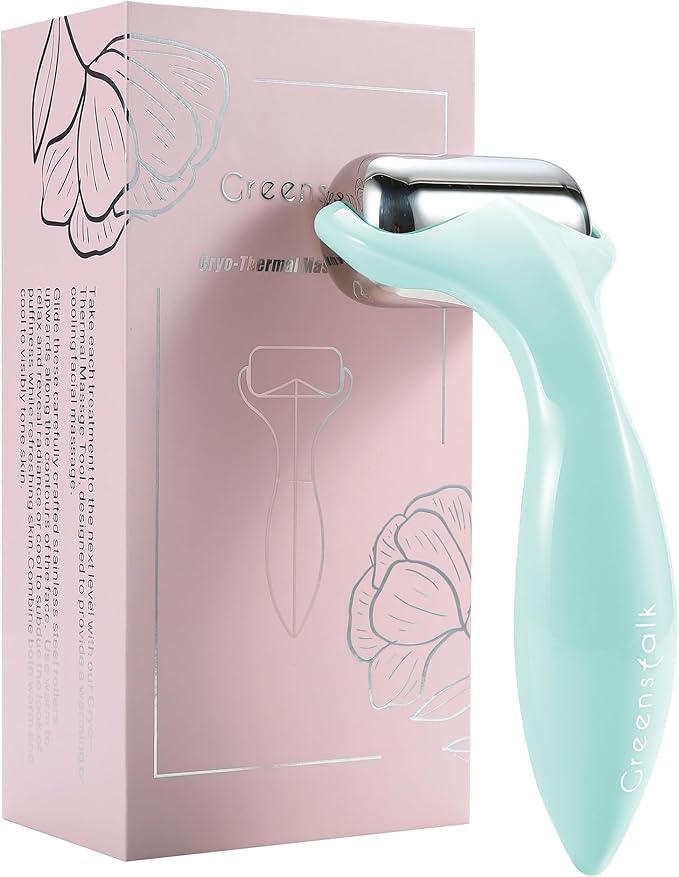 Greenstalk Ice Roller for Face & Eyes – Medical-Grade Stainless Steel Cooling Face Roller for Puffiness Relief, Dark Circles, Skincare Routine – Dual Cold & Warm Therapy, Ergonomic Design (Blue)-Velvo Beauty