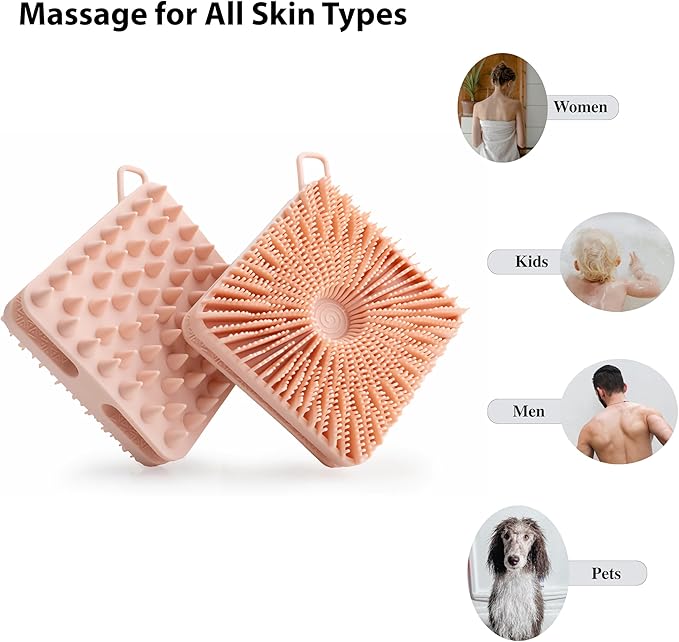 2 PC Silicone Exfoliating Body Scrubber, Silicone Body Shampoo Brush, Soft Silicone Loofah for Sensitive Skin, Shower Silicone Hair Scalp Massager, Easy to Clean, Lather Well(Gray&Pink)-Velvo Beauty