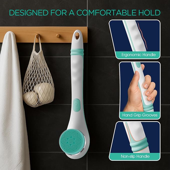 VOYOR Electric Silicone Body Scrubber, Back Scrubber for Shower, Waterproof Long Handle Body Brush, Rechargeable Power Bath Brush for Cleansing, Exfoliating, Massaging Skin BC100 (Blue)-Velvo Beauty