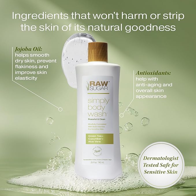 RAW SUGAR Sensitive Skin Simply Body Wash - Green Tea + Cucumber + Aloe Vera, Moisturizing & Brightening Bath & Shower Gel, Sulfate-Free, Paraben-Free & Vegan (Pack of 3)-Velvo Beauty