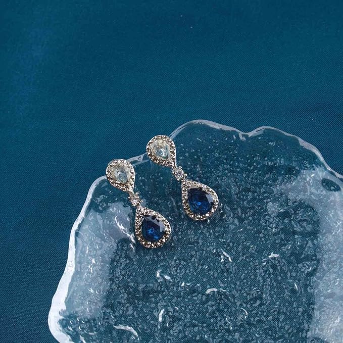 Vintage Sapphire Drop Earrings Oval Sapphire Crystal Earrings Silver Teardrop Rhinestone Stud Earrings Blue Crystal Wedding Earrings Jewelry for Women and Girls Gifts-Velvo Beauty