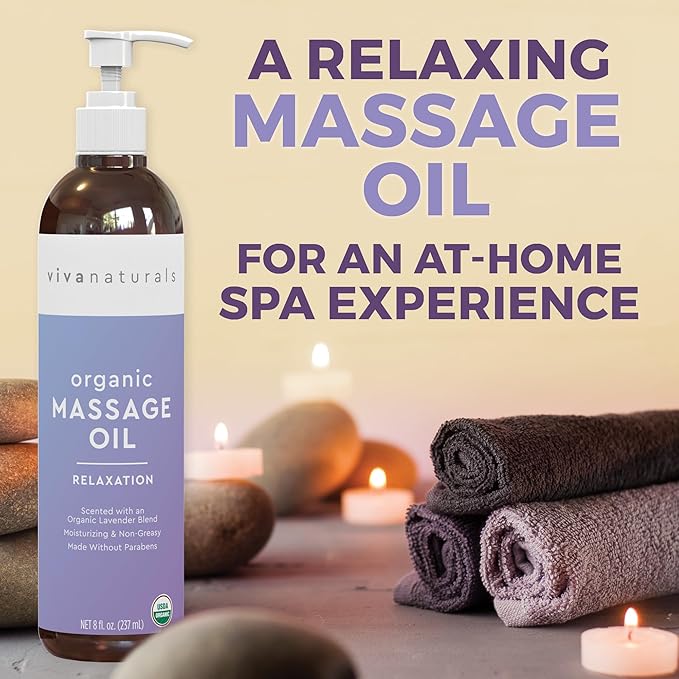 Viva Naturals Organic Massage Oil (8 fl. oz.) - Lavender Scented Non-Greasy Body Massage Oil with Mess-Free Pump, Moisturizing Massage Oils for Massage Therapy, Non-GMO and Certified Organic, 237 mL-Velvo Beauty
