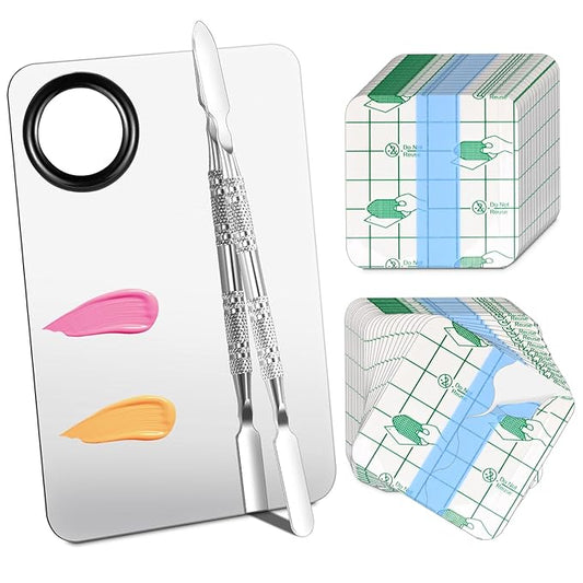 Makeup Mixing Palette Set, Makeup Hand Palette Single Use Makeup Mixing Tray Disposable Adhesive Cosmetic Makeup Palette Transparent Makeup Tape, Stainless Steel Foundation Mixing Palette with Spatula-Velvo Beauty