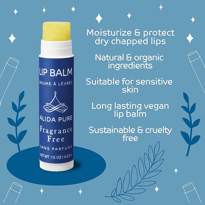 Fragrance Free Lip Balm, Vegan Lip Balm Set, Unscented, No Flavor, Beeswax Free, Organic Jojoba Oil, Avocado Oil, Vitamin E, Natural Moisturizer for Dry, Chapped, or Cracked Lips 5 Tube Set-Velvo Beauty