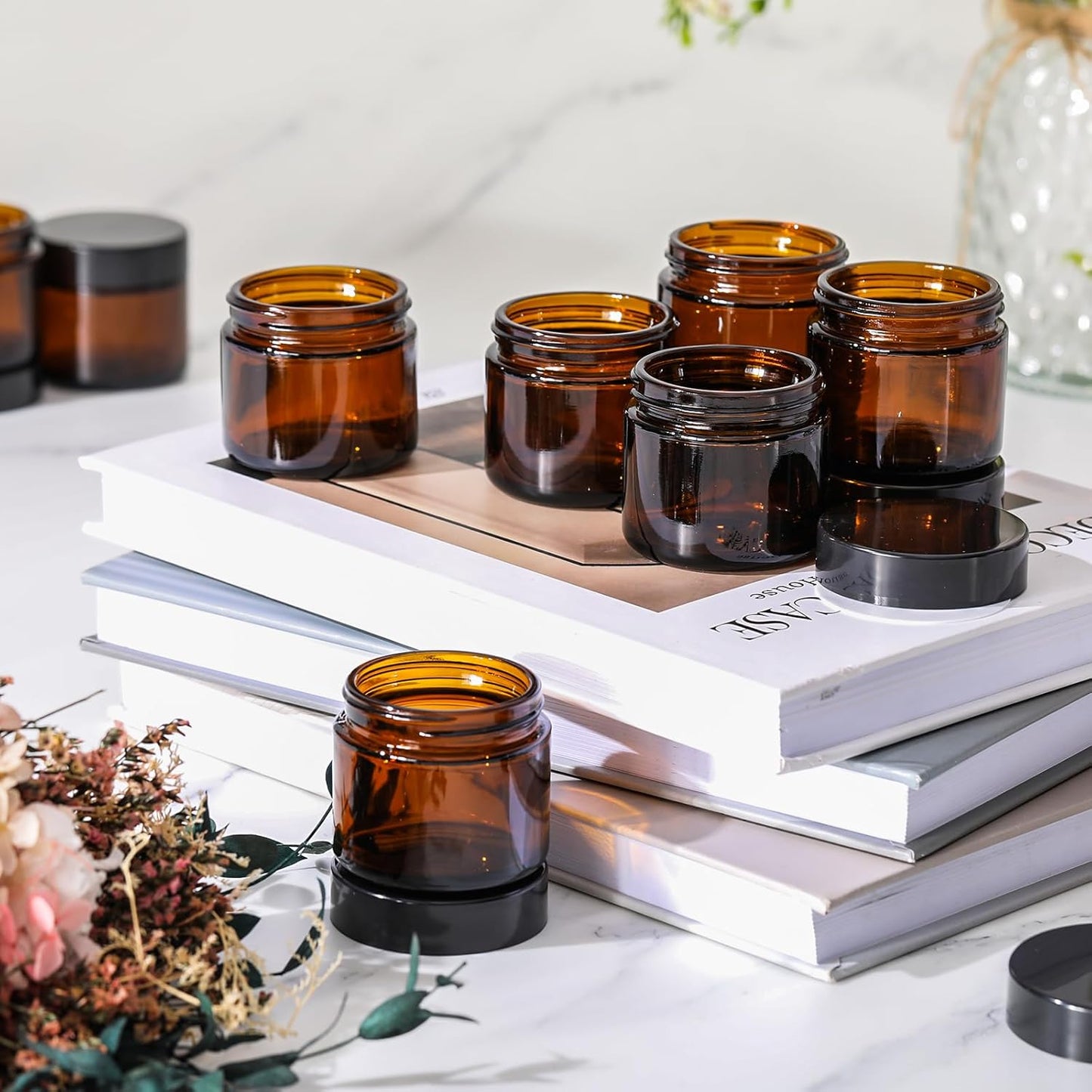 Domensi 32 Pcs 2 oz Glass Jars with Lids Travel Size Round Leakproof Empty Cosmetic Jars with Inner Liners Lid for Storing Makeup Lotions Face Cream Ointments Candle DIY Making (Amber)-Velvo Beauty