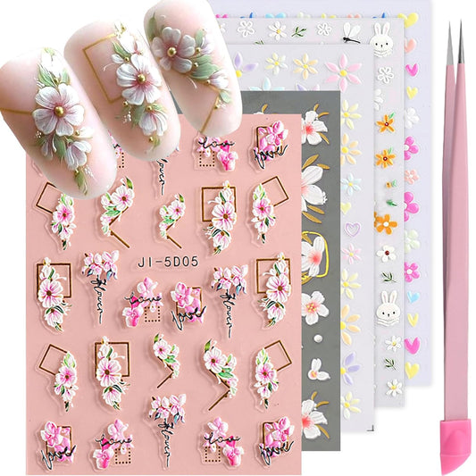 Flower Nail Art Stickers Decals 5D Embossed Nail Decals 6 Sheets Spring Summer Self-Adhesive Nails Design Accessories 3D Flowers Stickers for Women Nails Decoration-Velvo Beauty