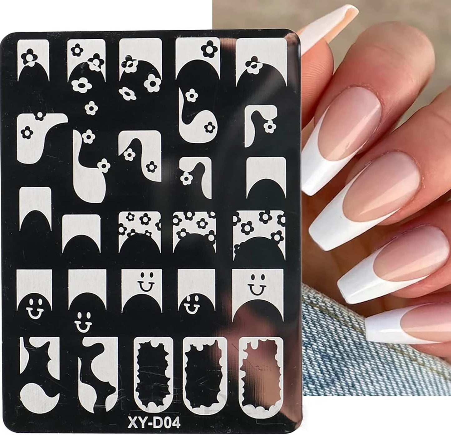 6Pcs Nail Art Stamping Templates Set with French Line Flowers Leaves Smiley Heart Design Art Stamping Kits DIY Printing Tools Fashion Art Decoration for Women and Girls-Velvo Beauty