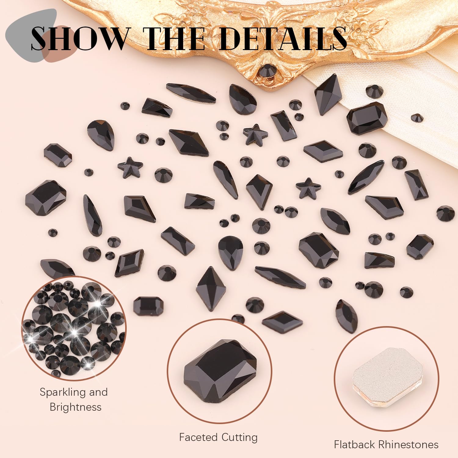 3220Pcs Black Glass Nail Rhinestones 120Pcs Multi Shapes Flatback Nail Gems + 3100Pcs 1.5-4mm Round Crystal with Rhinestones Glue Gel, Manicure Nail Charms Diamond Gemstones for Nail Art-Velvo Beauty