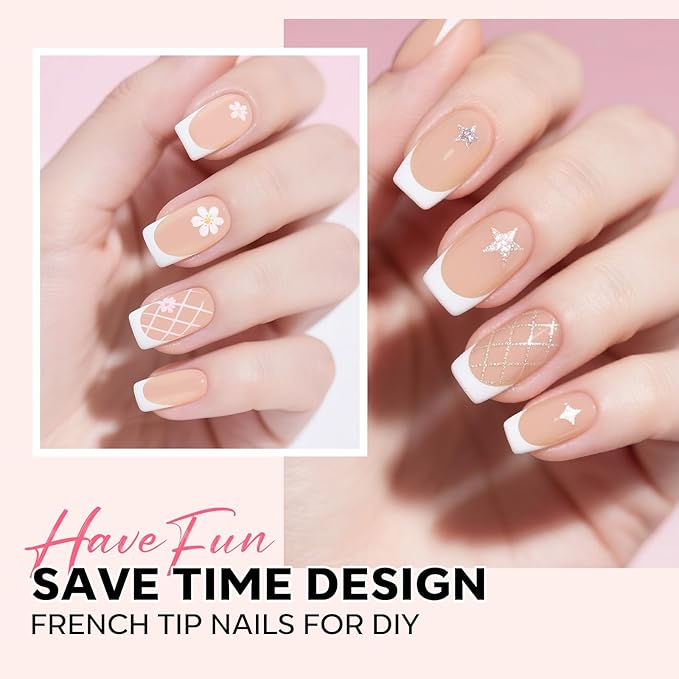 modelones French Tip Press on Nails, Short Square Fake Nails with Nail Box, Nude Gel Nail Tips for Women, Soft Glue-On Nails for Natural Salon Look, DIY Nail Art Kit-Velvo Beauty