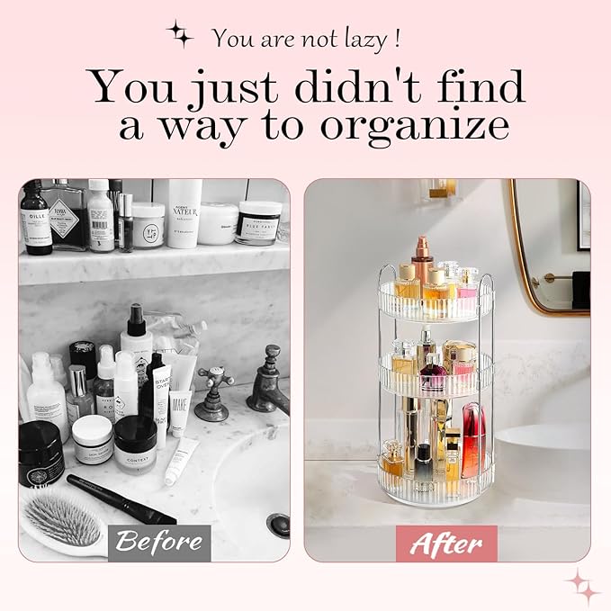 360° Rotating Makeup Organizer for Vanity, Spinning Cosmetics Organizer Holder Rack, Large Capacity Bathroom Organizer Countertop, Fits Perfume, SkinCare, Makeup Brushes 3 Tiers, Transparent-Velvo Beauty