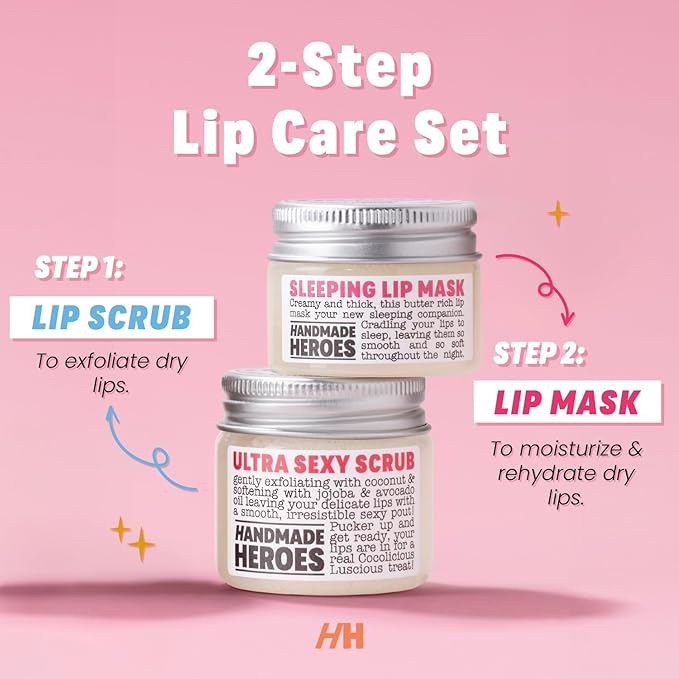 Handmade Heroes 100% Natural Coconut Lip Exfoliator & Lip Mask Gift Set - Gentle Exfoliant Sugar Lip Polish & Moisturizer for Chapped & Dry Lips-Velvo Beauty