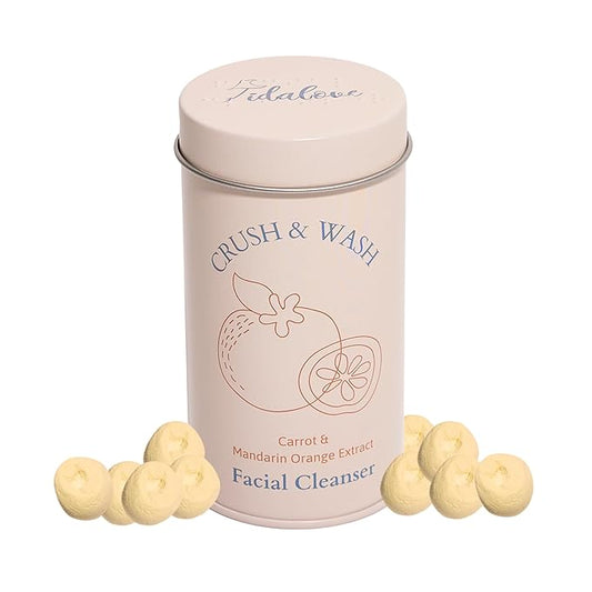 3-in-1 Solid Facial Cleanser, Exfoliator, and Wash-off Mask - Vegan, Cruelty-Free, Plastic-Free, Travel-Friendly, 1 Month Supply (60 Crushable Tablets) in Tin (Brightening Beans in Tin)-Velvo Beauty